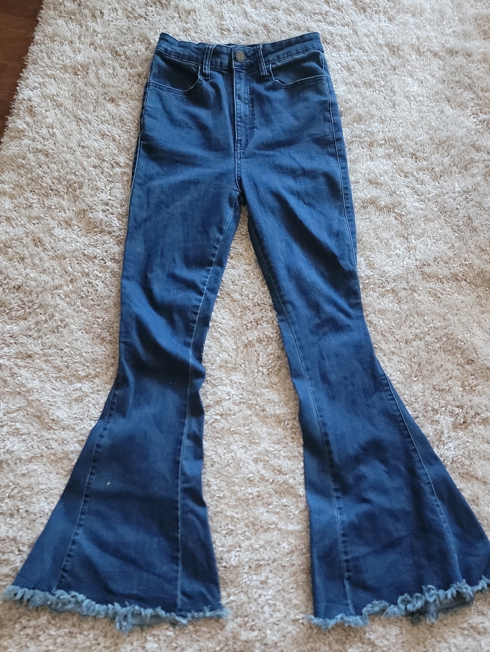 High-Rise Dark Blue Flare Jeans with Frayed Hem
